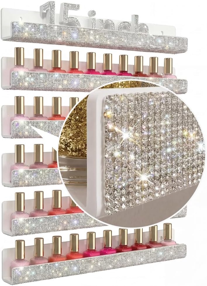 YMVV Nail Polish Wall Shelf - 15-Inch Diamond Crystal Display & Organizer Rack, Holds 60+ Polishes, Soft Ledge for Bedroom, Bathroom, Salon,6 Pack - Image 1